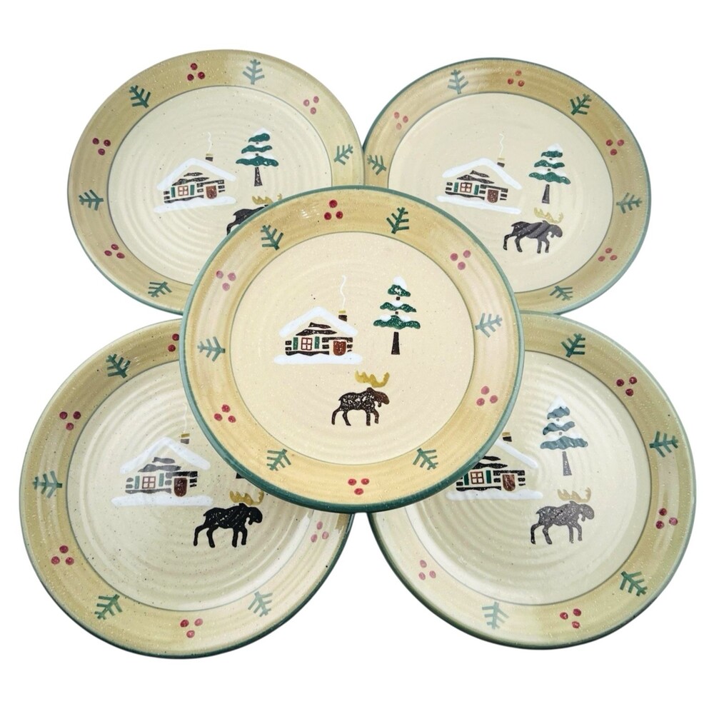 LODGE Sonoma Home Art Pottery Stoneware 8" Salad Plates Moose Set of 5 EUC - Picture 2 of 3